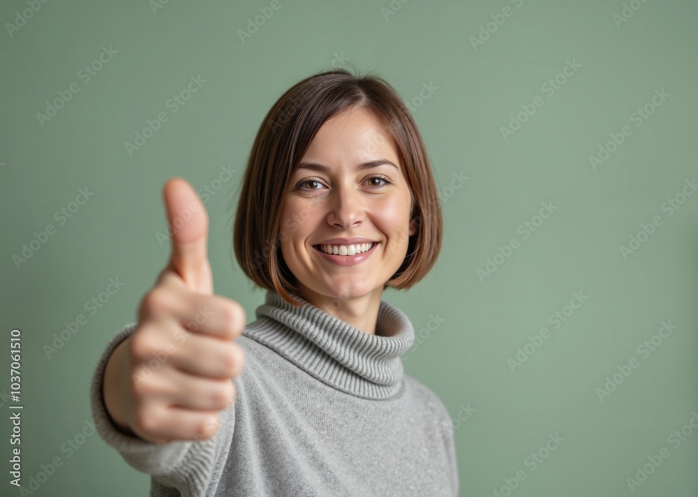Woman with cheerful smile giving thumbs up against green background