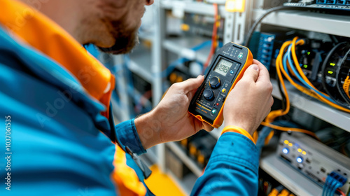 Skilled IT Professional Testing Network Cables with Digital Multimeter in Server Room