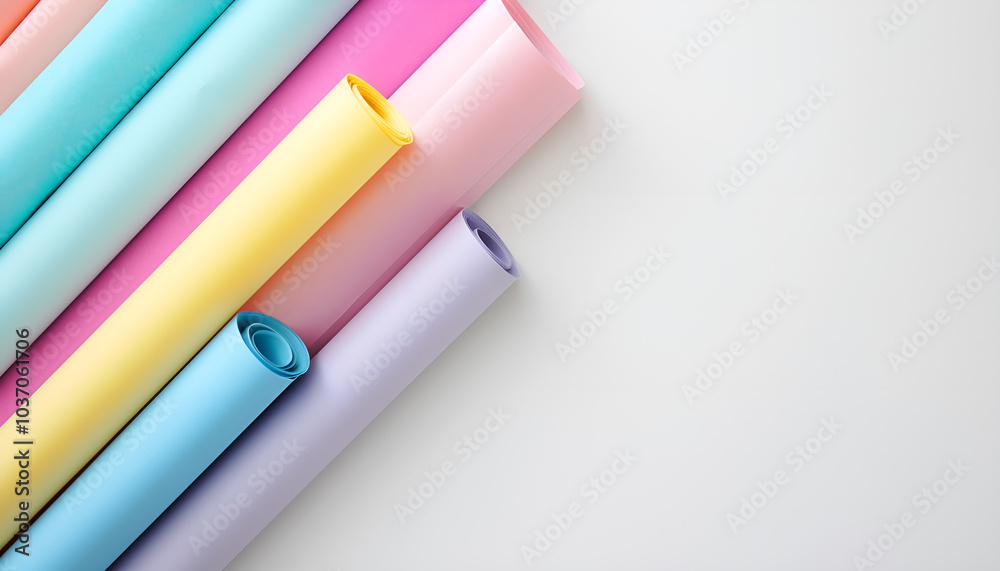 Rolls of colorful wrapping papers on white background, top view. Space for text Rolls of colorful wrapping papers on white background, top view. Space for text