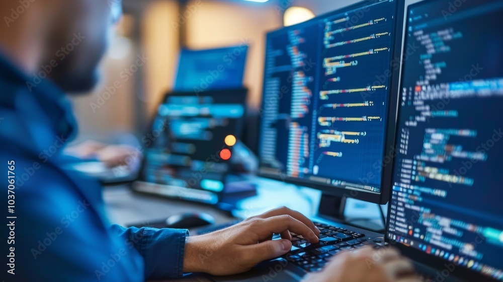 Modern IT Professional Remotely Managing Servers with Dual Monitors Displaying Network Analytics in Office Setting Modern IT Professional Remotely Managing Servers with Dual Monitors Displaying Network Analytics in Office Setting