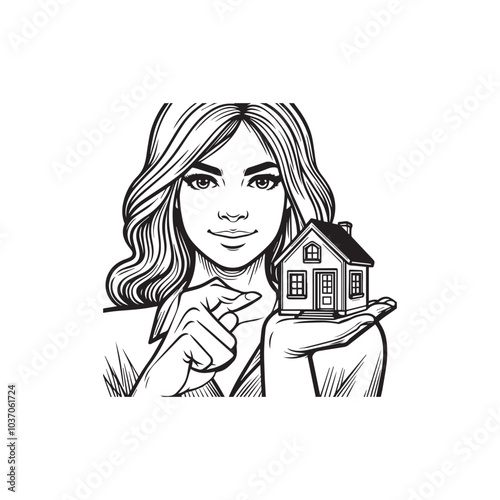 Woman Holds A Miniature House In Her Hand, Vector Illustration