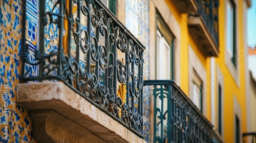 Charming Balcony View: Exploring the Elegant Details of Ornate Railings against Vivid Portuguese Facades and Stunning Mosaic Designs in a Colorful Urban Setting.