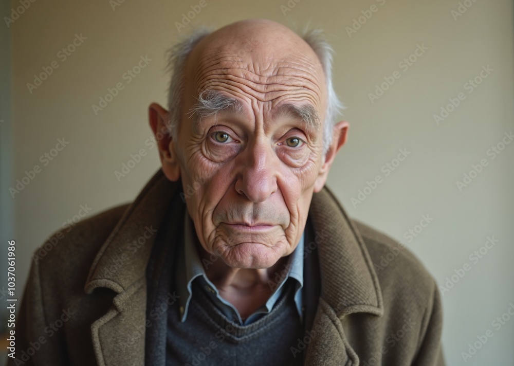 Elderly man with contemplative expression facing camera against neutral background