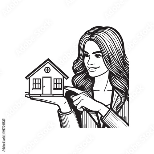 Woman Holds A Miniature House In Her Hand, Vector Illustration