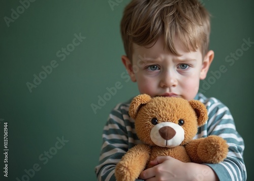 Young boy with somber expression hugging teddy bear against green background