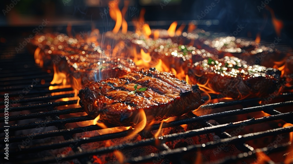 Dynamic Action Shot of Grilled Burgers on Grill Dynamic Action Shot of Grilled Burgers on Grill
