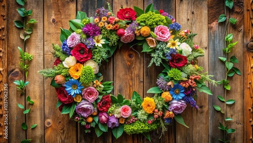 A stunning floral wreath adorns the front of a wooden door frame, surrounded by lush greenery and colorful flowers., wreath, botanical