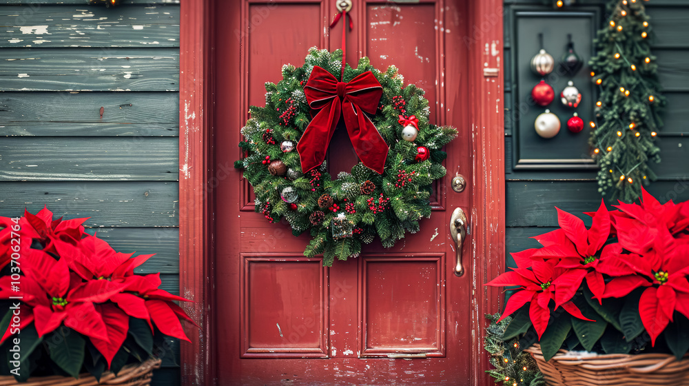 Classic Christmas festive wreath made of noble fir and decorated with berries, vintage-style glass ornaments and a large velvet bow, mounted on charming red door, framed by potted poinsettias. Classic Christmas festive wreath made of noble fir and decorated with berries, vintage-style glass ornaments and a large velvet bow, mounted on charming red door, framed by potted poinsettias.