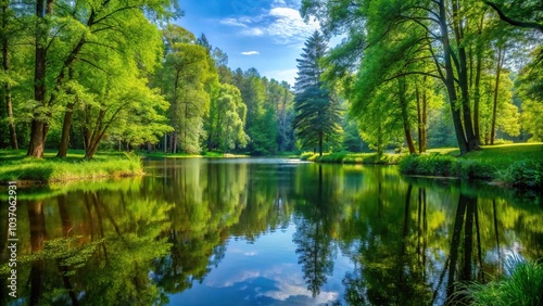 A serene and peaceful pond surrounded by tall trees and lush greenery, calm scenery, nature, outdoors