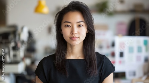 A striking portrait of a young Asian female fashion designer standing confidently in a stylish indoor setting, showcasing modern aesthetics and creativity.