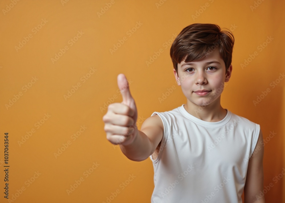 Young Boy with Confident Expression Giving Thumbs Up Against Orange Background Young Boy with Confident Expression Giving Thumbs Up Against Orange Background