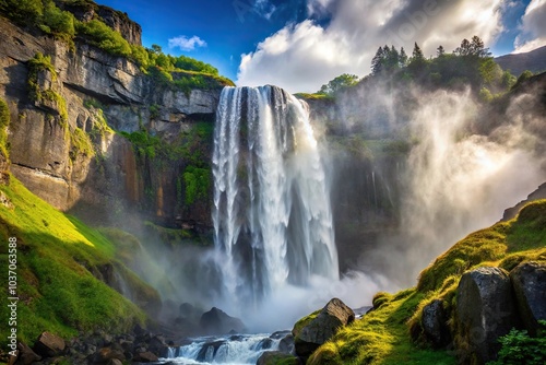 A majestic waterfall cascading down a rocky cliffside, creating a misty veil in the air, scenery, landscape