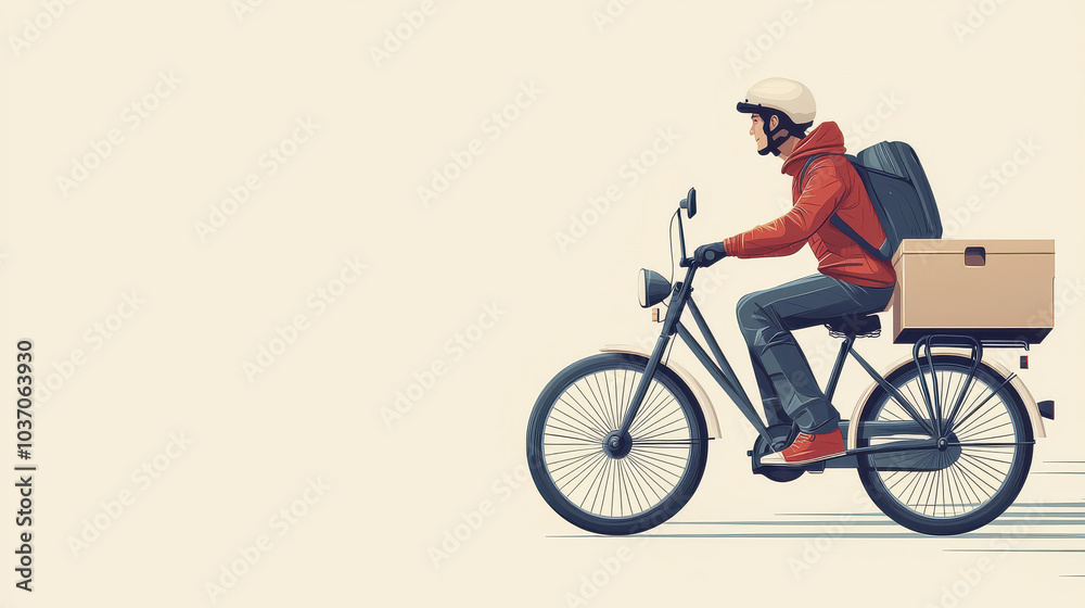 cyclist in red jacket rides bicycle with box on back, showcasing modern delivery style. scene conveys sense of movement and urban lifestyle cyclist in red jacket rides bicycle with box on back, showcasing modern delivery style. scene conveys sense of movement and urban lifestyle