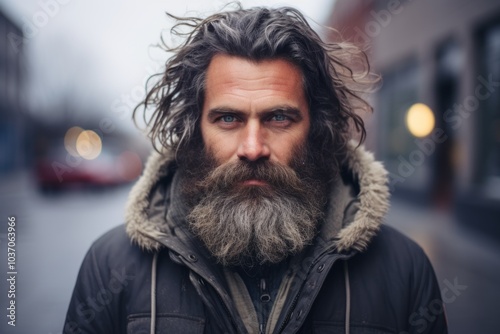 Portrait of a handsome man with long beard and mustache on the street