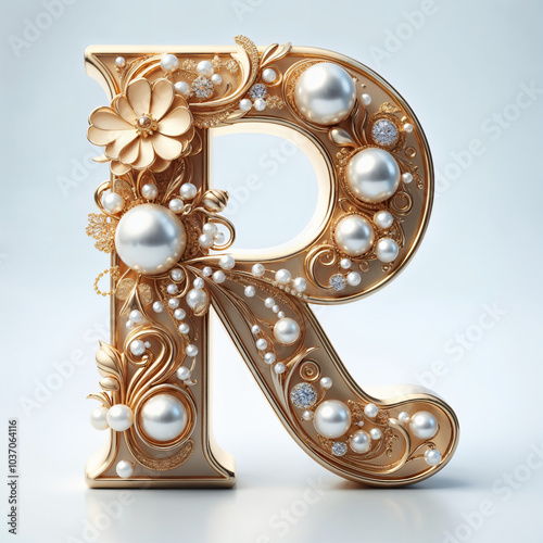 R. The letter of the Latin alphabet in the form of a luxurious openwork jewelry made of gold, decorated with precious stones, diamonds and pearls. On a white background.