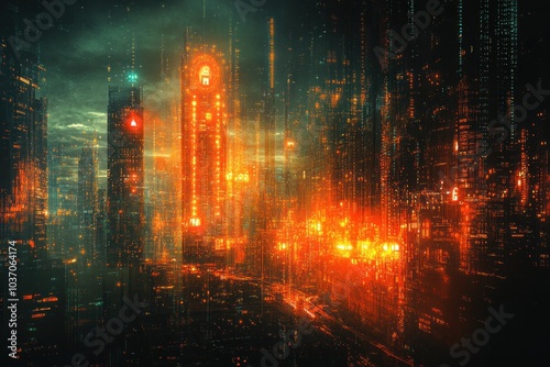 A futuristic cityscape with glowing skyscrapers and neon lights.