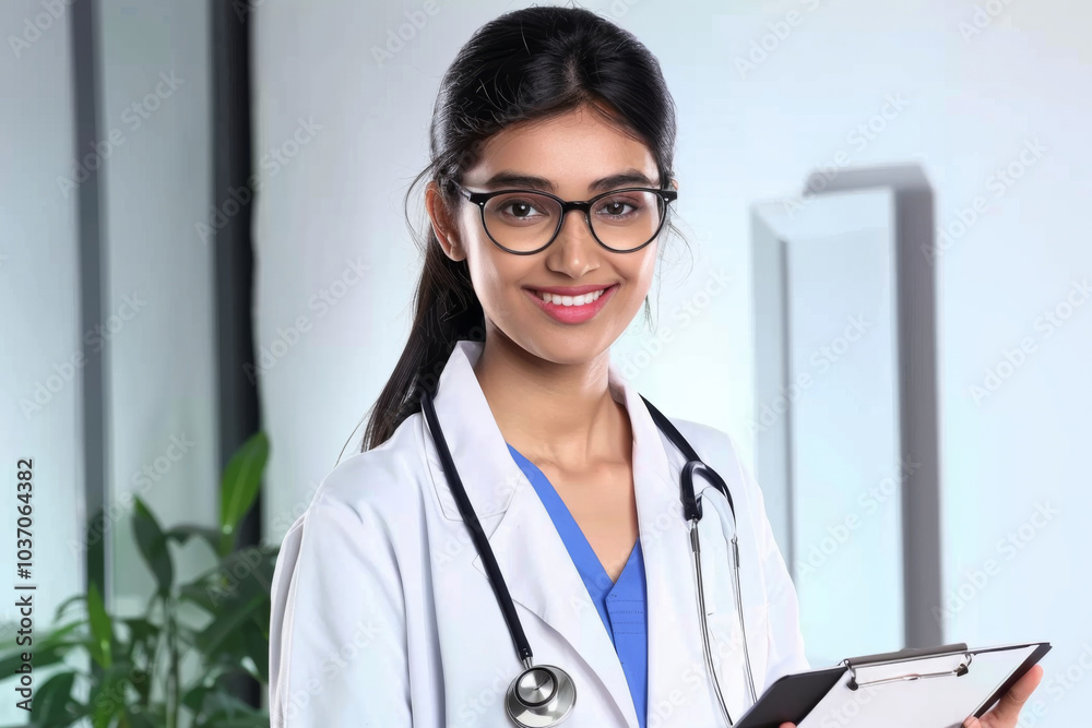 Young smiling Indian female doctor with a stethoscope around her neck and holding a file in hand