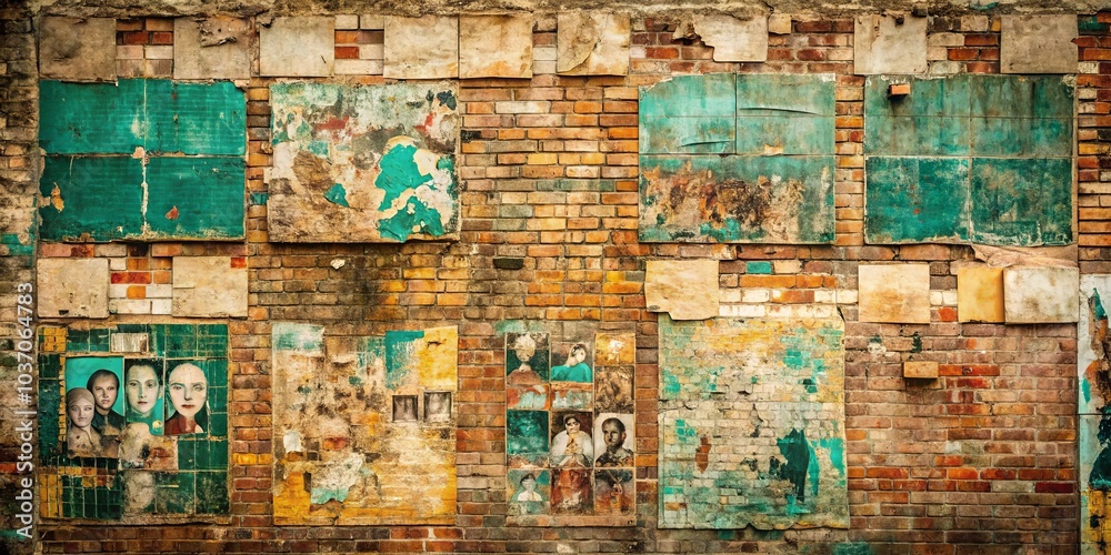 Fototapeta premium A weathered brick wall adorned with faded remnants of posters and painted squares, creating a tapestry of time's passage and forgotten stories.
