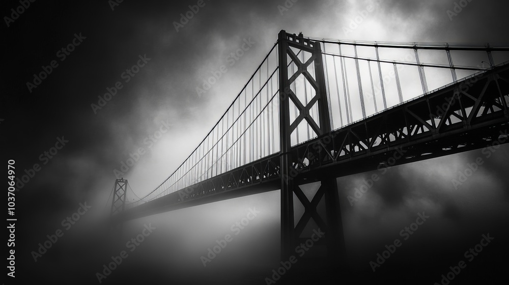 Veil of Fog: A Monochromatic Perspective on the Majestic Bridge Connecting Shores Amidst Mysterious Mist and Shadows Veil of Fog: A Monochromatic Perspective on the Majestic Bridge Connecting Shores Amidst Mysterious Mist and Shadows