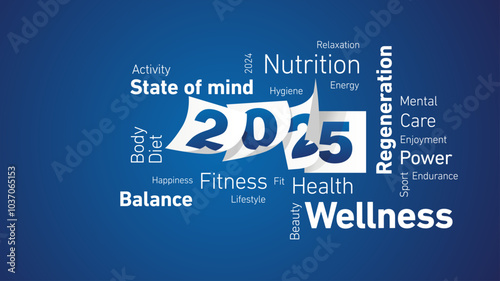 Wellness New Year 2025 shining white word cloud text with blue white calendar 2025 pages blue board background