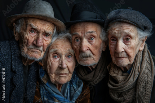 Senior people with worried and frightened faces in a dark background