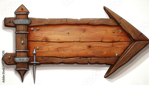  Wooden arrow plaque with cracks and nails for text box. Cartoon 3d render illustration on white backgrouund photo