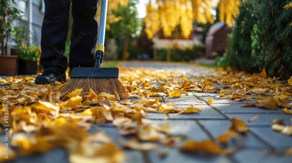 Sweeping Autumn Leaves from a Brick Path Sweeping Autumn Leaves from a Brick Path