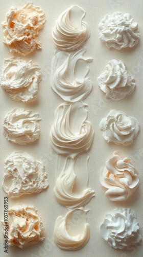 cream swatch textures showcasing a collection of cosmetic cream smears in various formsstrokes swirls and dropshighlighting the tactile nature of beauty products against a clean background