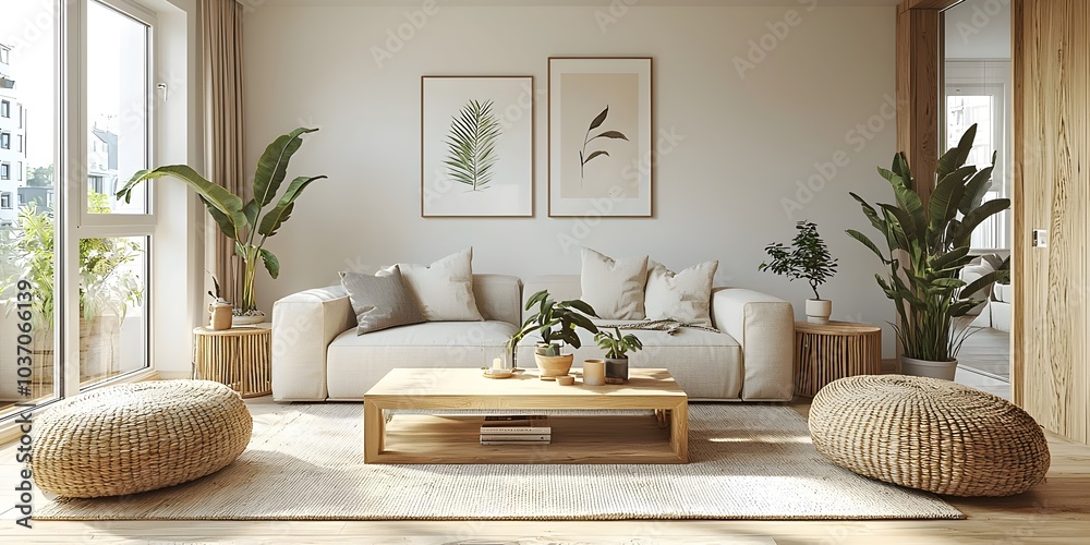 Bright and airy living room featuring a light-colored sofa, natural decor, and lush green plants, creating a serene and inviting atmosphere. Bright and airy living room featuring a light-colored sofa, natural decor, and lush green plants, creating a serene and inviting atmosphere.