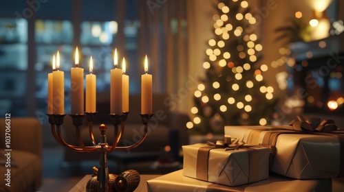 Warm Holiday Glow: Menorah and Christmas Decor in a Festive Living Room Scene for Seasonal Design photo