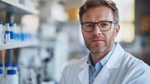 A middle-aged male scientist wearing glasses and a lab coat, poses thoughtfully in a modern laboratory filled with scientific equipment, embodying innovation.