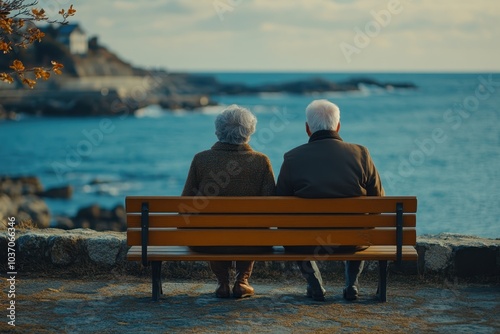 Elderly couple enjoying a serene moment by the seaside on a cloudy afternoon
