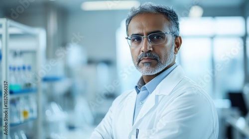 A middle-aged South Asian man in a lab coat stands confidently in a laboratory, portraying a serious demeanor. He is equipped with glasses, showcasing professionalism in a research environment.