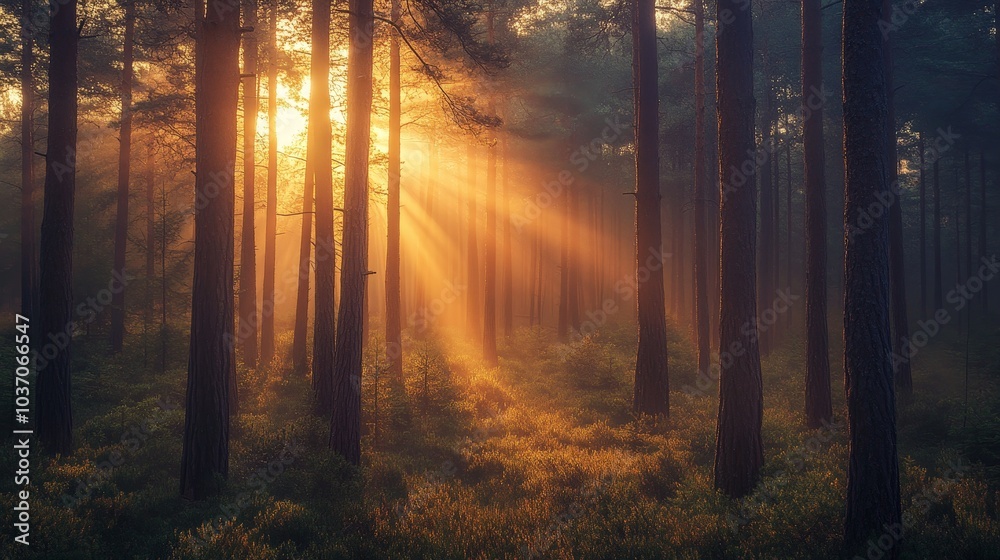 Obraz premium Enchanting Forest Sunrise: Nature's Tranquil Light Filtered Through Tall Pines, Casting Golden Rays and Illuminating the Lush Underbrush in a Serene Woodland Setting