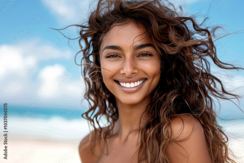 Portrait of a young smiling Indian woman with long curly hair against blue sky background Portrait of a young smiling Indian woman with long curly hair against blue sky background