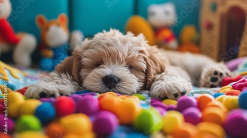 Adorable Puppy Snoozing on a Colorful Bed of Playful Pom-Poms Surrounded by Cozy Toys and a Fun-Filled Playroom Environment