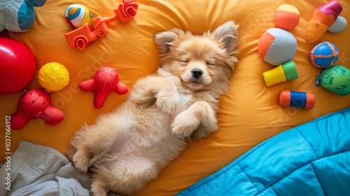 Adorable Puppy Bliss: A Sleepy Fluffball Nestled Among Colorful Toys, Creating a Heartwarming Scene of Playful Innocence and Cozy Relaxation photo