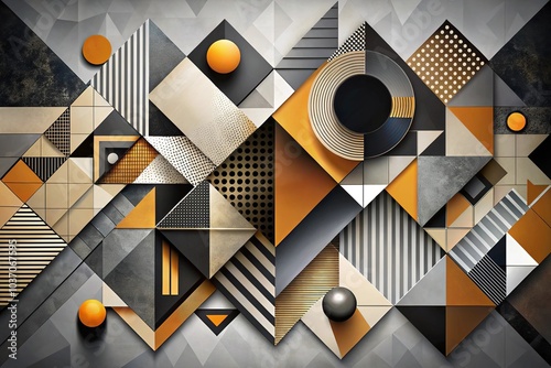 abstract composition, cubist style, media mixing technique, geometric shape, black and white color