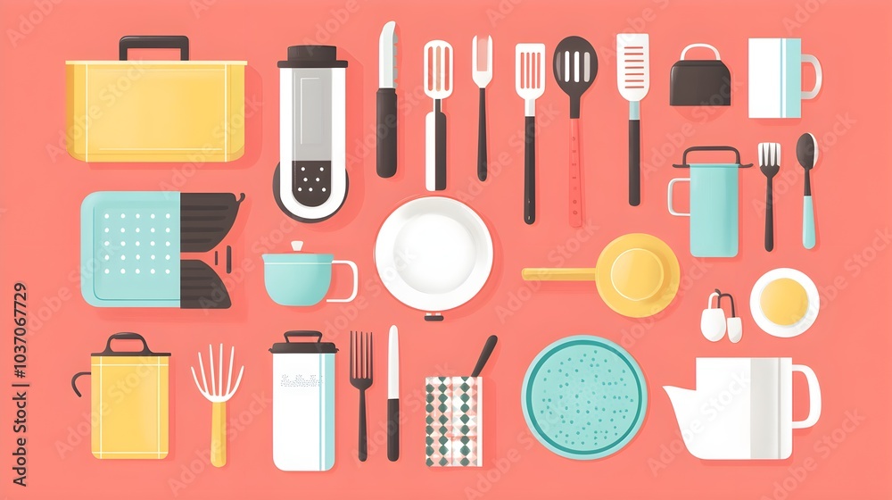 Flat Lay of Kitchen Utensils and Cooking Tools on Pink Background Flat Lay of Kitchen Utensils and Cooking Tools on Pink Background