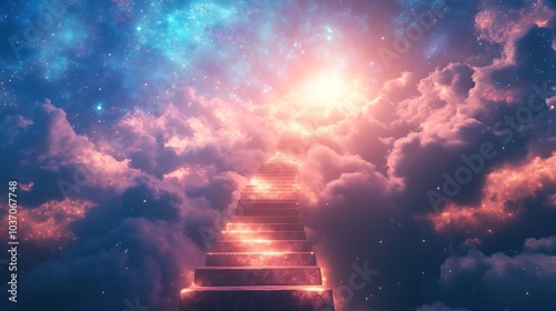 A celestial staircase leading to an ethereal realm filled with glowing patterns