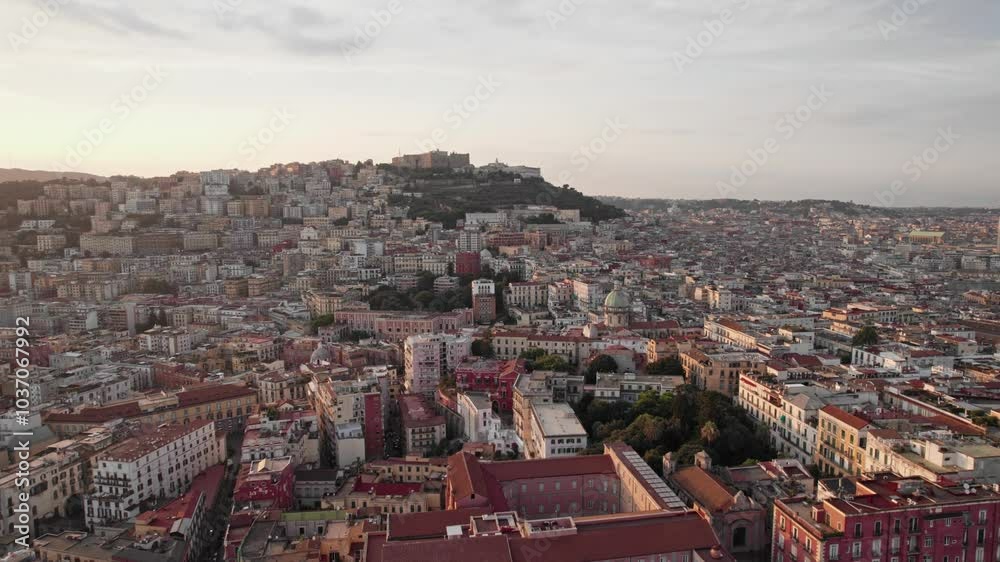 Aerial view of Naples on a sunny evening at sunset, Italy, Europe Aerial view of Naples on a sunny evening at sunset, Italy, Europe