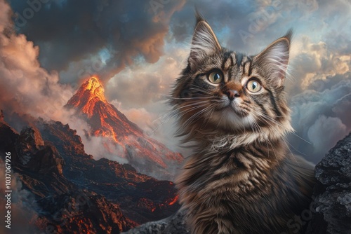 Majestic Kurilian Bobtail Surveys Fierce Volcanic Horizon photo