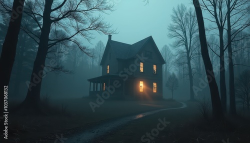 Dark Foggy Forest Surrounding a Lonely Haunted House with a Creepy Glow from the Broken Windows.