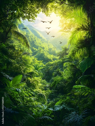 Fototapeta Naklejka Na Ścianę i Meble -  A breathtaking view of a lush green jungle with sunlight filtering through the trees, illuminated by vibrant greens and flying birds creating a serene atmosphere.