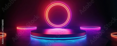 A vibrant, futuristic stage featuring illuminated circles in various colors on a dark floor. Ideal for presentations, performances, or artistic visual displays.