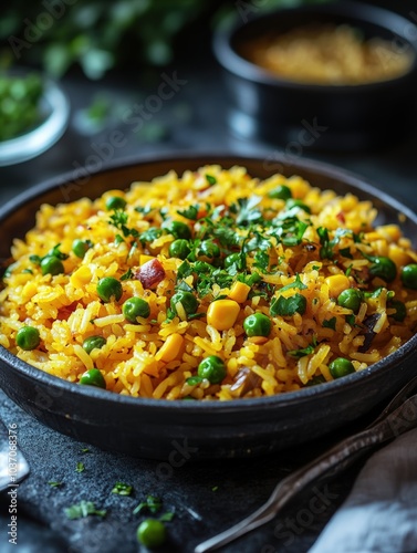 Delicious rice with green peas and corn and herbs. homemade food for party and dinner. healthy vegetarian dish - rise with vegetables