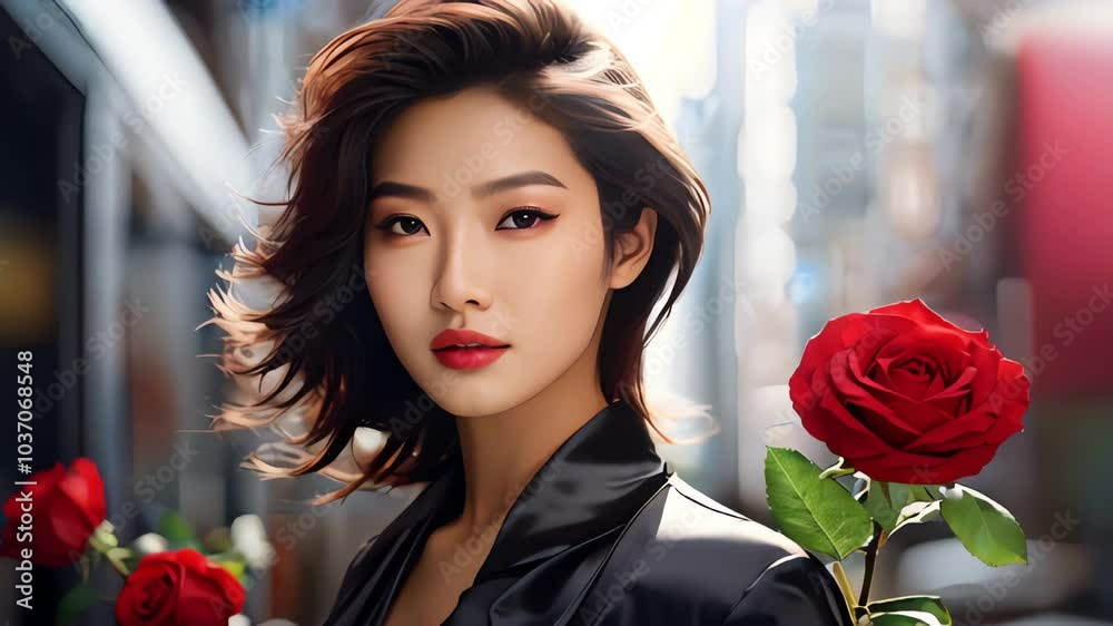 Portrait of young attractive asian woman with bob haircut, dark brown short hair, red lipstick, in black cashmere jacket in city, roses, flowers, beautiful makeup, perfect skin, face, woman, beauty 