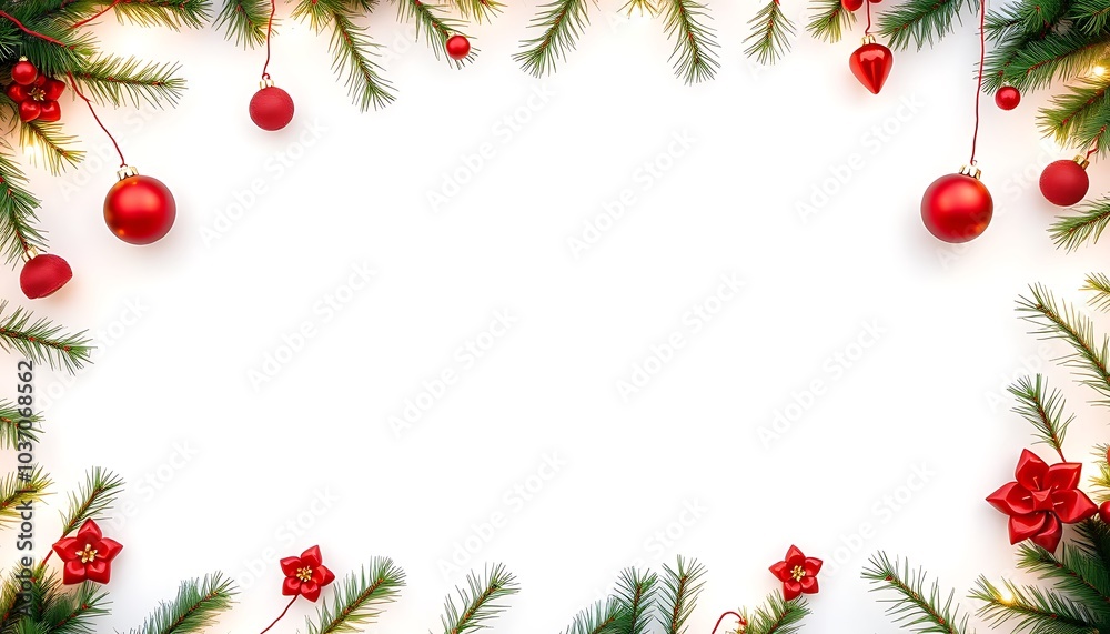Festive Christmas frame with pine branches, red ornaments and fairy lights on a white background.