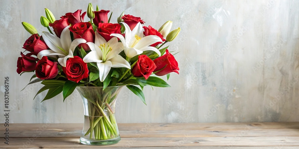 A bouquet of long-stemmed red roses with greenery and some white lilies arranged in a elegant vase, roses, gift ideas, love A bouquet of long-stemmed red roses with greenery and some white lilies arranged in a elegant vase, roses, gift ideas, love