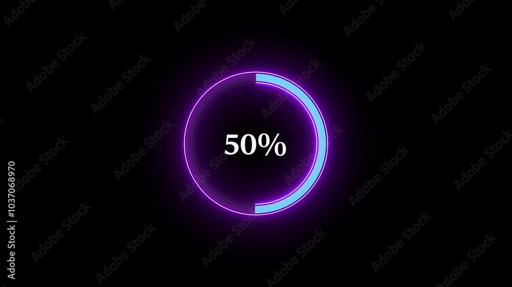 Neon loading circle loop animation. 100% number percent circle loading icon pie chart diagrams modern design animation background.